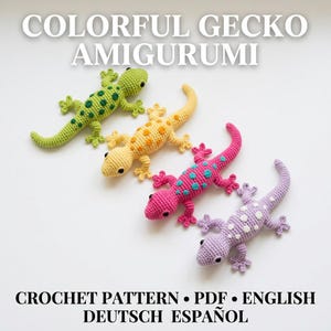 Schema Amigurumi Geco all'uncinetto, Lucertola colorata PDF, English Deutsch Español