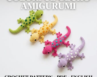 Virkad Gecko Amigurumi-mönster, färgglad ödla PDF, English Deutsch Español