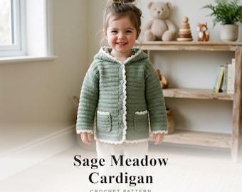 Virkmönster för Sage Meadow Hooded Cardigan, Småbarnsjacka PDF, Babyjacka (Digital Nedladdning)