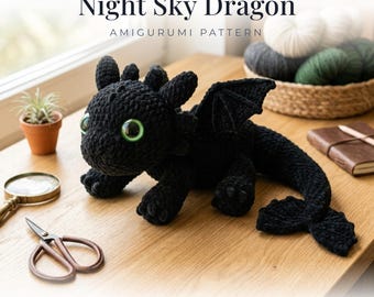Virkmönster för Natthimladraken | Svart drake Amigurumi plysch PDF | Handledning på engelska, tyska, spanska