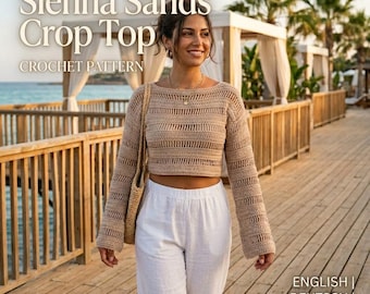 Sienna Sands Virkad Crop Top Mönster, Boho Beach Cover Up, Långärmad PDF