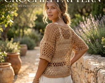 Mönster för virkad nättopp, bohemisk sommarskjorta, crop top med båtringning, virkad topp med genombruten design, mönster på engelska tyska spanska