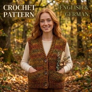 Puede incluir: Un patrón de ganchillo para un chaleco sin mangas con cuello en V, tres botones y dos bolsillos delanteros. El chaleco está hecho de hilo jaspeado en tonos marrón, verde y naranja. El texto CROCHET PATTERN ENGLISH & GERMAN es visible.