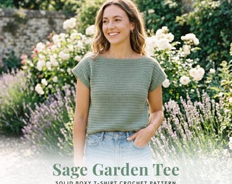 Virkmönster för enfärgad, boxig t-shirt i Sage Garden (digital nedladdning)