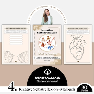 May include: A set of three beige workbooks with spiral binding. The center workbook is titled "Kreative Selbstreflexion" and features illustrations of people. The other workbooks have the titles "Br&uuml;cke der Ver&auml;nderung" and "Das Herz der Selbstliebe". The image also includes text in German.