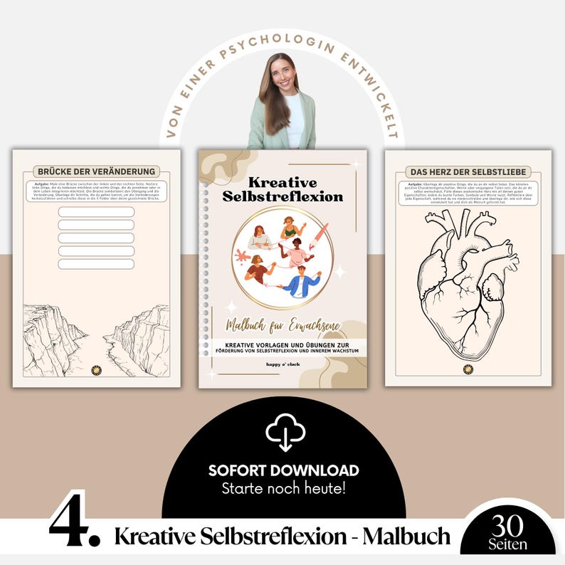 May include: A set of three beige workbooks with spiral binding. The center workbook is titled "Kreative Selbstreflexion" and features illustrations of people. The other workbooks have the titles "Br&uuml;cke der Ver&auml;nderung" and "Das Herz der Selbstliebe". The image also includes text in German.
