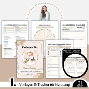 May include: A collection of therapy and counseling templates, including questionnaires, life wheels, and preparation guides. The cover of the spiral-bound notebook features illustrations and the text "Vorlagen f&uuml;r Therapie/Beratung". The image also includes the text "Von einer Psychologin entwickelt".