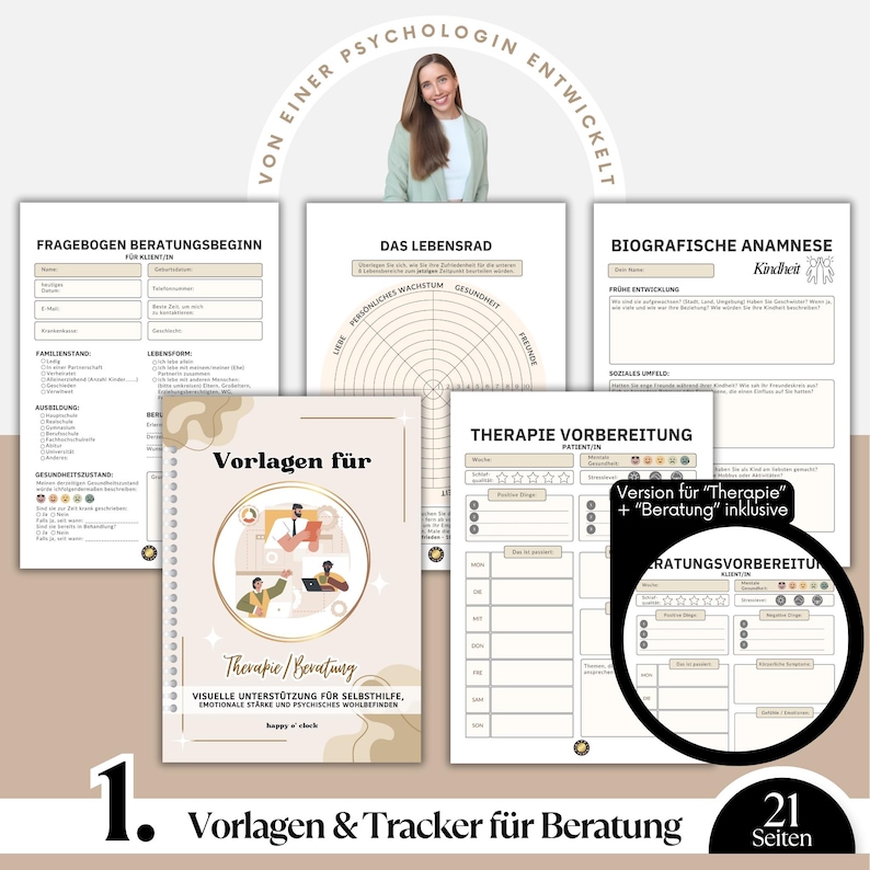May include: A collection of therapy and counseling templates, including questionnaires, life wheels, and preparation guides. The cover of the spiral-bound notebook features illustrations and the text "Vorlagen f&uuml;r Therapie/Beratung". The image also includes the text "Von einer Psychologin entwickelt".