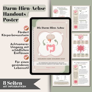 May include: A digital illustration of the gut-brain axis, showing the connection between the brain and the intestines. The illustration is in a light pink and green color scheme and includes the text "Die Darm-Hirn-Achse" (The Gut-Brain Axis) and "Gesunder Darm-Gesunder Geist" (Healthy Gut-Healthy Mind).