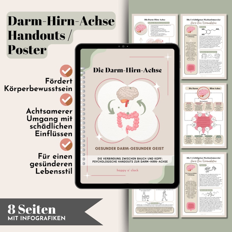 May include: A digital illustration of the gut-brain axis, showing the connection between the brain and the intestines. The illustration is in a light pink and green color scheme and includes the text "Die Darm-Hirn-Achse" (The Gut-Brain Axis) and "Gesunder Darm-Gesunder Geist" (Healthy Gut-Healthy Mind).