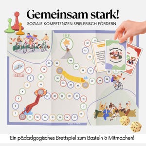 Könnte beinhalten: Ein Brettspiel mit farbenfrohen Illustrationen und dem Text "Gemeinsam stark!". Das Spiel enthält Karten, Würfel und Spielfiguren. Das Spielbrett zeigt einen Weg mit nummerierten Feldern und Illustrationen von Personen.