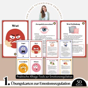 May include: A set of 50 emotion regulation exercise cards. The cards feature illustrations of various emotions, including anger, fear, and sadness, with instructions in German. The cards are designed by a psychologist and are intended to help with emotional regulation.