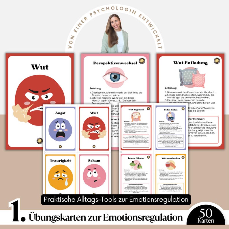 May include: A set of 50 emotion regulation exercise cards. The cards feature illustrations of various emotions, including anger, fear, and sadness, with instructions in German. The cards are designed by a psychologist and are intended to help with emotional regulation.