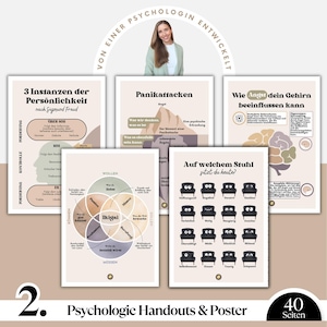 May include: A collection of psychology handouts and posters with various diagrams and text. The posters cover topics such as personality, panic attacks, and how anxiety affects the brain. The image includes the text "Psychologie Handouts & Poster" and "40 Seiten".