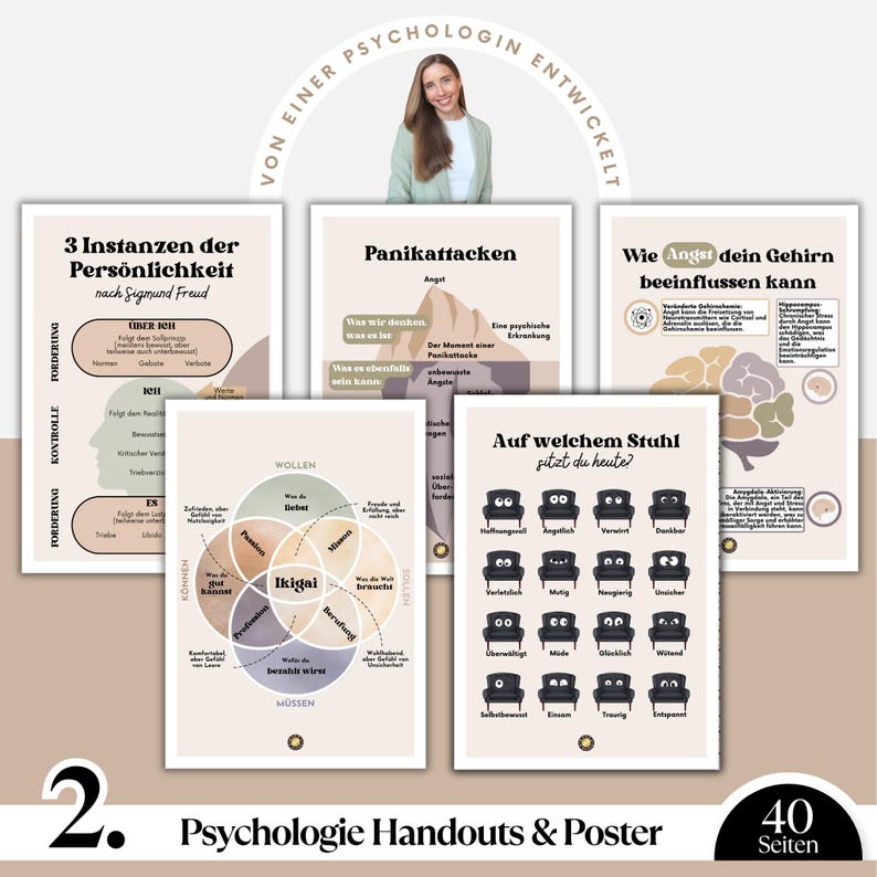 May include: A collection of psychology handouts and posters with various diagrams and text. The posters cover topics such as personality, panic attacks, and how anxiety affects the brain. The image includes the text "Psychologie Handouts & Poster" and "40 Seiten".
