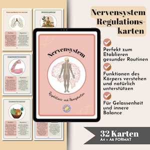 May include: A set of 32 cards designed to help understand the nervous system and its functions. The cards feature illustrations of the nervous system and text in German. The cards are labeled "Nervensystem Regulationskarten" and "32 Karten A4 + A6 FORMAT".