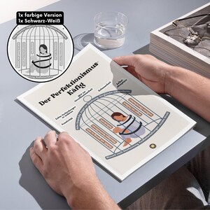 Peut inclure: Une affiche beige et marron avec le texte allemand "Der Perfektionismus K&auml;fig" qui se traduit par "La cage du perfectionnisme". L'affiche pr&eacute;sente une illustration stylis&eacute;e d'une personne pi&eacute;g&eacute;e dans une cage avec diverses &eacute;tiquettes autour de la cage, notamment "Angst vor Fehlern" (Peur des erreurs), "Selbstkritik" (Autocritique) et "Wunsch nach Anerkennung" (D&eacute;sir de reconnaissance).