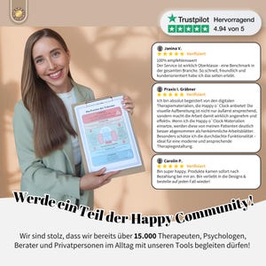 May include: A woman smiles while holding a clipboard with a colorful chart titled "Das Fenster der Toleranz." The image includes customer reviews and the text "Trustpilot Hervorragend" with a 4.94 out of 5 rating. The phrase "Werde ein Teil der Happy Community!" is also visible.