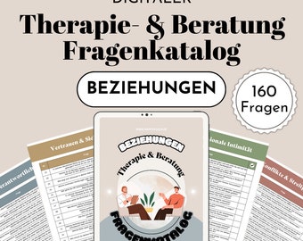 May include: A digital download of a therapy and counseling question catalog for relationships. The cover features a tablet with a graphic of two people in therapy. The title is "BEZIEHUNGEN Therapie & Beratung FRAGENKATALOG" and the text "160 Fragen" is in a circle.