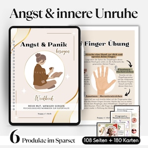 May include: A workbook and cards set for anxiety and panic relief. The workbook features a woman reading with the text "Angst & Panik besiegen" and "Workbook". The set includes 6 products, 108 pages, and 180 cards.