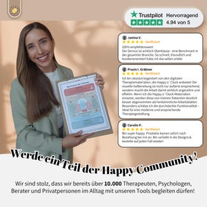 May include: A woman smiles while holding a clipboard with a colorful diagram. The clipboard has the text "Das Fenster der Toleranz". The image includes customer reviews and the text "Werde ein Teil der Happy Community!"