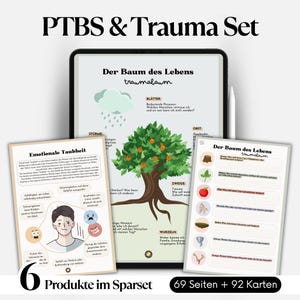 Könnte beinhalten: Ein Set mit Lernmaterialien für Trauma und PTBS, darunter ein Tablet mit einem Baumdiagramm und mehrere gedruckte Karten. Die Karten zeigen Illustrationen und Text auf Deutsch mit dem Titel "Der Baum des Lebens". Das Set enthält 6 Produkte.