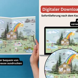 May include: A colorful printable poster with a house, rainbow, clouds, and trees. The poster has German text that says "Digitaler Download" and "Sofortlieferung nach dem Kauf". The poster also has text that says "Digital verwenden" and "oder bequem von zuhause ausdrucken".