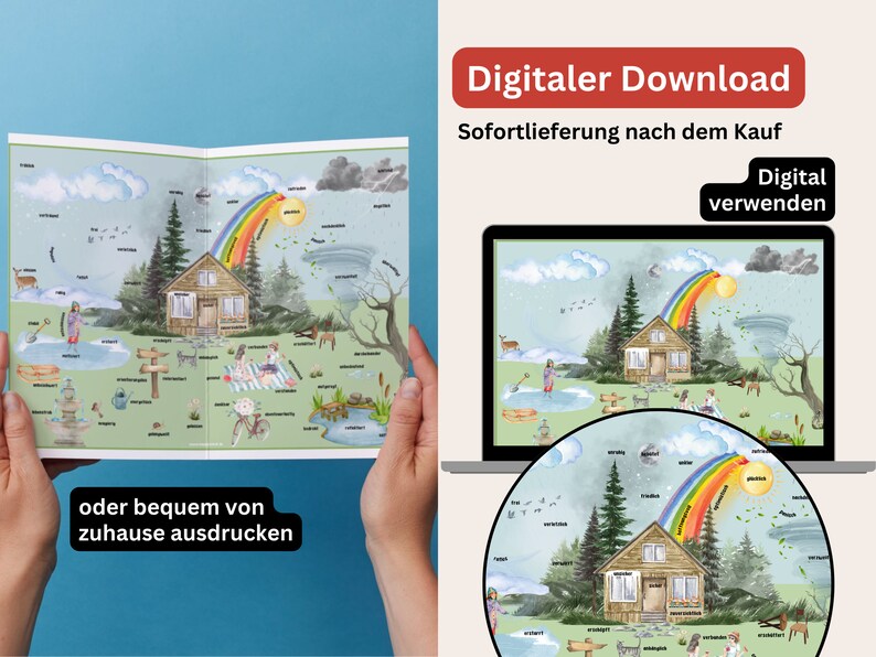 May include: A colorful printable poster with a house, rainbow, clouds, and trees. The poster has German text that says "Digitaler Download" and "Sofortlieferung nach dem Kauf". The poster also has text that says "Digital verwenden" and "oder bequem von zuhause ausdrucken".