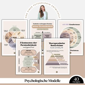 Puede incluir: Un conjunto de cuatro p&oacute;sters imprimibles con diferentes modelos psicol&oacute;gicos. Los p&oacute;sters son de estilo minimalista con colores beige y marr&oacute;n. Los p&oacute;sters presentan diagramas y texto que explican los modelos. Los p&oacute;sters se titulan "Ikigai", "3 Instanzen der Pers&ouml;nlichkeit", "Necesidades terap&eacute;uticas" y "Fuera de la zona de confort".