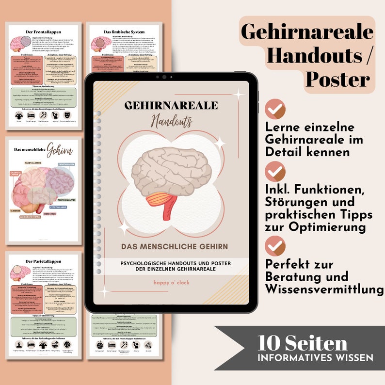 May include: A digital download of 10 pages of printable handouts and posters about the human brain. The image shows a brain illustration with the text "Gehirnareale Handouts/Poster" and "Das Menschliche Gehirn".