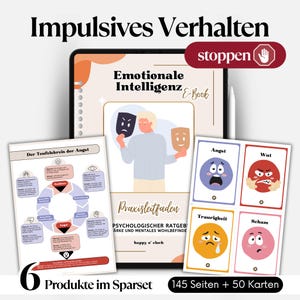May include: A digital product bundle featuring an e-book and flashcards focused on emotional intelligence and managing impulsive behavior. The image includes a tablet, cards depicting emotions like anger and sadness, and a diagram of the anxiety cycle.