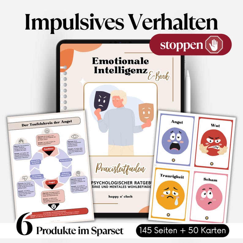 May include: A digital product bundle featuring an e-book and flashcards focused on emotional intelligence and managing impulsive behavior. The image includes a tablet, cards depicting emotions like anger and sadness, and a diagram of the anxiety cycle.