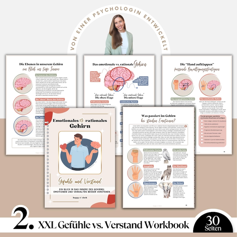 May include: A workbook with the title "Emotional vs. Rational Brain" and the text "Feelings and Understanding" is displayed. The workbook is surrounded by other pages with brain diagrams and text. The image also includes the text "XXL Feelings vs. Understanding Workbook".