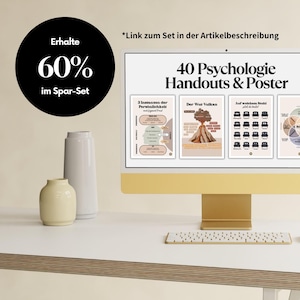 Peut inclure: Un &eacute;cran d'ordinateur affichant un ensemble de 40 documents et affiches de psychologie. Le texte "40 Psychologie Handouts & Posters" est affich&eacute; &agrave; l'&eacute;cran. Le texte "Erhalte 60% im Spar-Set" est affich&eacute; sur un cercle noir dans le coin sup&eacute;rieur gauche de l'image.