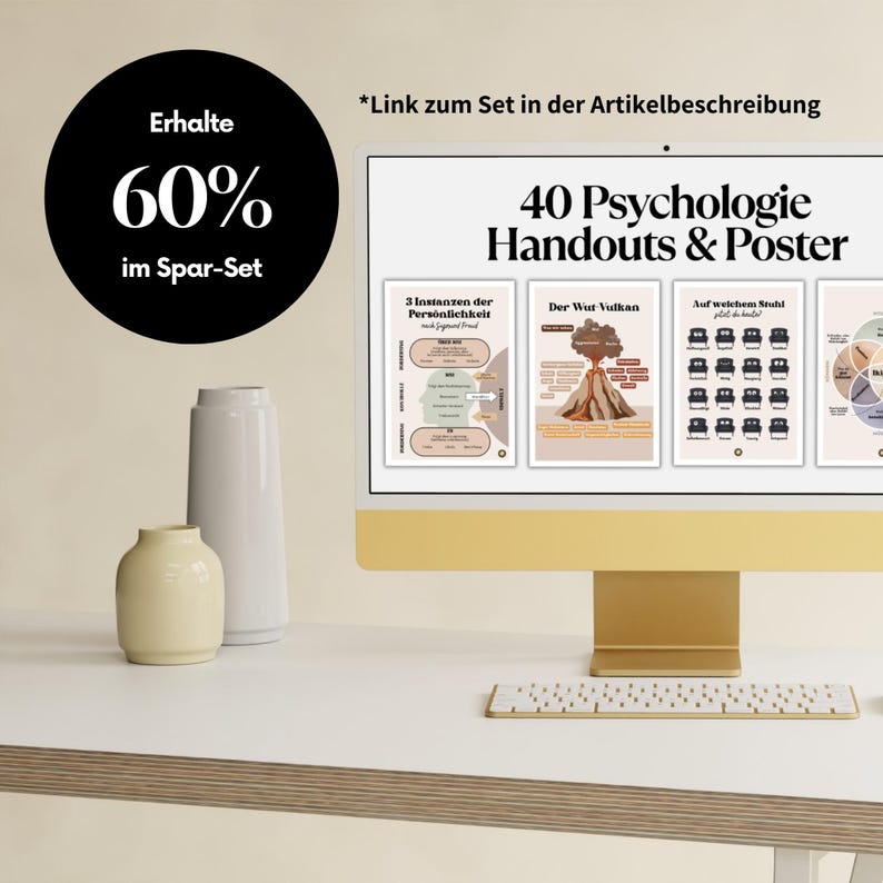 Peut inclure: Un &eacute;cran d'ordinateur affichant un ensemble de 40 documents et affiches de psychologie. Le texte "40 Psychologie Handouts & Posters" est affich&eacute; &agrave; l'&eacute;cran. Le texte "Erhalte 60% im Spar-Set" est affich&eacute; sur un cercle noir dans le coin sup&eacute;rieur gauche de l'image.
