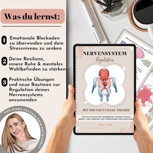 May include: A digital tablet displaying a workbook titled "NERVENSYSTEM Regulation" with a diagram of the human nervous system. The workbook is described as a "Psychological Workbook Against Stress, Anxiety and Restlessness for the Promotion of Resilience" and is created with the "Polyvagal Theory".