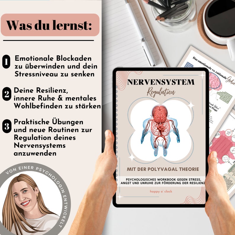 May include: A digital tablet displaying a workbook titled "NERVENSYSTEM Regulation" with a diagram of the human nervous system. The workbook is described as a "Psychological Workbook Against Stress, Anxiety and Restlessness for the Promotion of Resilience" and is created with the "Polyvagal Theory".