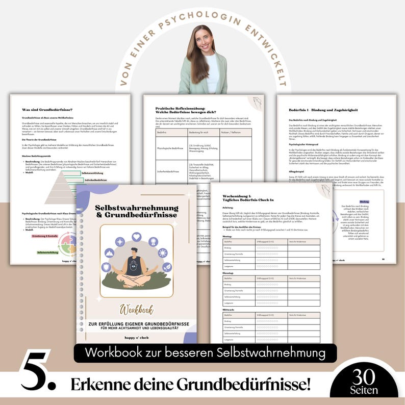 May include: A workbook titled "Self-Awareness & Basic Needs" with the text "Workbook for fulfilling your own basic needs for more mindfulness and quality of life." The cover features a person meditating. The image also includes several pages of text and a woman's portrait.