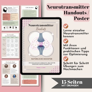 May include: A digital tablet displaying a colorful infographic about neurotransmitters. The infographic includes a diagram of a brain with neurons, a list of neurotransmitters, and information about their functions. The text on the tablet reads "Neurotransmitter Handouts" and "Natural Boosters".