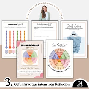 May include: A collection of printed workbooks and charts for emotional well-being. The items include a workbook with a colorful wheel design, charts with emotion scales, and an iceberg diagram. The text includes "Gef&uuml;hlsrad" and "Workbook".