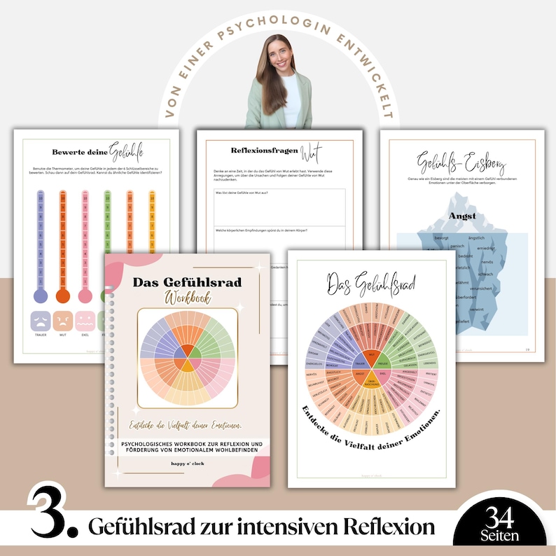May include: A collection of printed workbooks and charts for emotional well-being. The items include a workbook with a colorful wheel design, charts with emotion scales, and an iceberg diagram. The text includes "Gef&uuml;hlsrad" and "Workbook".