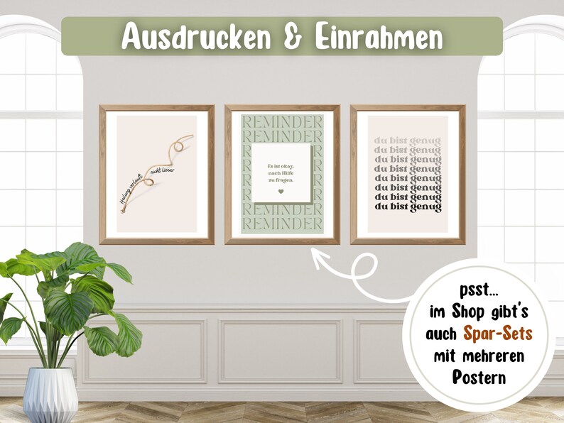May include: Three framed prints with motivational quotes. The prints are hanging on a wall with white wainscoting. The prints are in a light wood frame. The text on the prints reads: "Finding yourself is not always easy", "Reminder: I'm in recovery, too. I'm not always going to be perfect. Be patient with me. Reminder", and "Du bist genug".