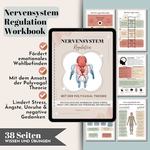 May include: A pink and white digital workbook cover with the title "Nervensystem Regulation" and the text "Mit der Polyvagal Theorie." The cover features a colorful illustration of the human nervous system and the text "Psychologisches Workbook gegen Stress, Angst und Unruhe zur F&ouml;rderung der Resilienz."