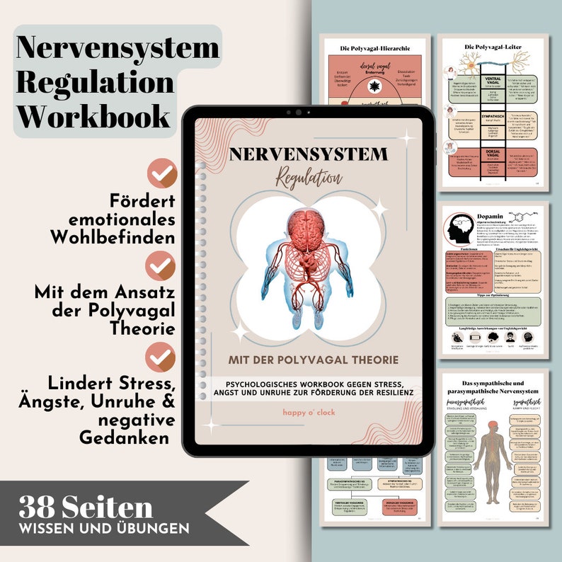 May include: A pink and white digital workbook cover with the title "Nervensystem Regulation" and the text "Mit der Polyvagal Theorie." The cover features a colorful illustration of the human nervous system and the text "Psychologisches Workbook gegen Stress, Angst und Unruhe zur F&ouml;rderung der Resilienz."