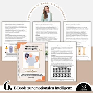 May include: An ebook titled "Emotional Intelligence" with a cover featuring a person holding comedy and tragedy masks. The ebook is a practical guide for inner strength and mental well-being. The image includes a woman and several pages of text.