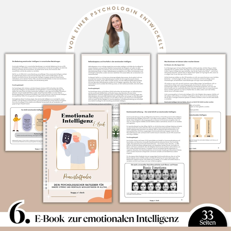 May include: An ebook titled "Emotional Intelligence" with a cover featuring a person holding comedy and tragedy masks. The ebook is a practical guide for inner strength and mental well-being. The image includes a woman and several pages of text.