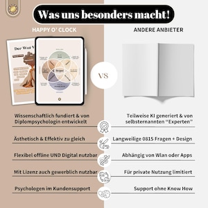May include: An advertisement comparing Happy O' Clock to other providers. The left side shows a tablet with a diagram and a paper with text. The right side shows an open notebook. Text includes "Was uns besonders macht!" and "HAPPY O' CLOCK".