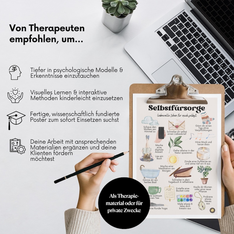 Puede incluir: Una ilustraci&oacute;n de acuarela de un p&oacute;ster con el t&iacute;tulo "Autocuidado" y una lista de ideas de autocuidado. El p&oacute;ster est&aacute; en un portapapeles con un clip negro. El p&oacute;ster est&aacute; rodeado de texto que dice "Recomendado por terapeutas para..." y enumera las razones por las que alguien podr&iacute;a usar el p&oacute;ster. El p&oacute;ster es un material de terapia o para uso privado.