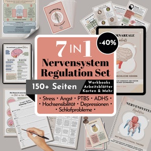 May include: A pink and white 7 in 1 Nervous System Regulation Set with 150+ pages. The set includes workbooks, worksheets, cards, and more. It is designed to help with stress, anxiety, PTSD, ADHD, high sensitivity, depression, and sleep problems. The set is 40% off.
