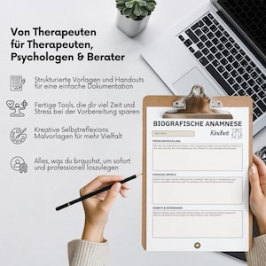 May include: A clipboard with a "BIOGRAFISCHE ANAMNESE Kindheit" form, a laptop, and a pencil. The form has sections for early development, social environment, and hobbies. Text in German reads "Von Therapeuten f&uuml;r Therapeuten, Psychologen & Berater."